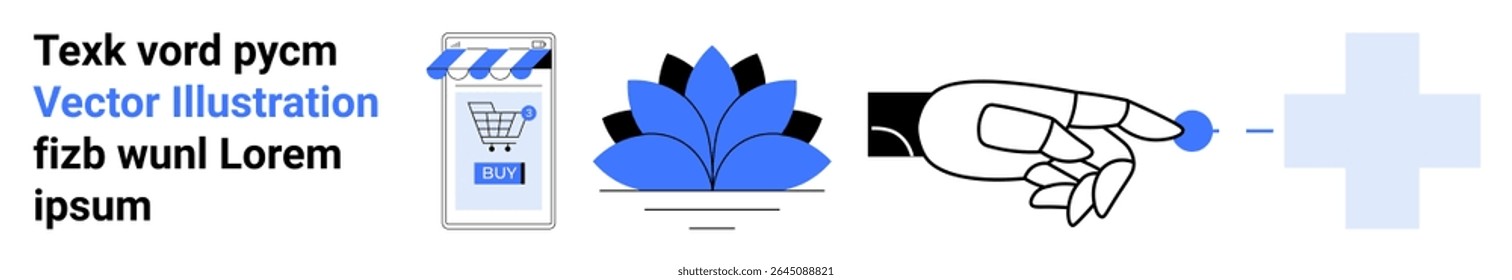 Three modern graphics with shopping cart, flower, pointing hand, and plus sign in blue and black. Ideal for e-commerce, nature-themed projects, user interaction guides, health topics, digital apps