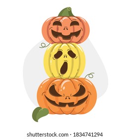 Three modern Halloween pumpkins on white background. Pumpkins with different scary emotions stand on each other. Vector flat illustration for stickers, t-shirts, post cards, holiday greeting card.