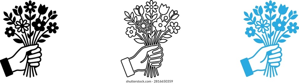 Three modern hand holding mobile devices with digital flowers icon set isolated on transparent background, Vector