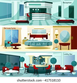 Three modern hotel interior de luxe suite and lobby bar horizontal banners cartoon vector illustration