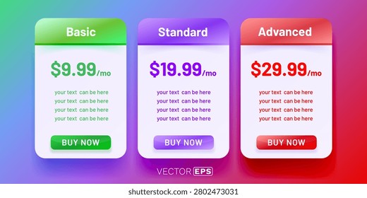 Three modern pricing plan tables Basic, Standard, and Advanced. Perfect for web and app design. Vector illustration.