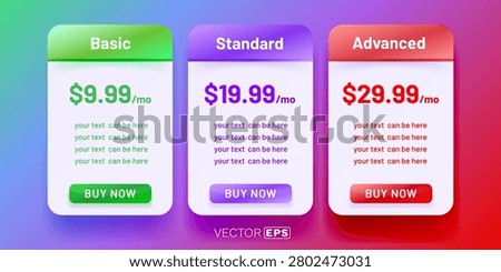 Three modern pricing plan tables Basic, Standard, and Advanced. Perfect for web and app design. Vector illustration.