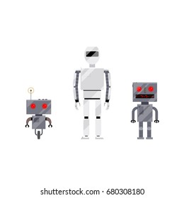 Three modern and retro style robot characters, cartoon vector illustration isolated on white background. Group of modern and retro style robots, androids, cartoon style illustration