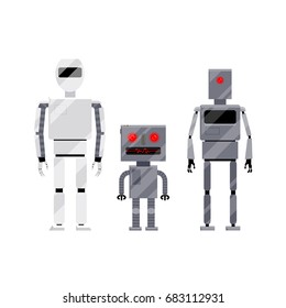 Three modern and retro style robot characters, cartoon vector illustration isolated on white background. Group of modern and retro style robots, androids, cartoon style illustration