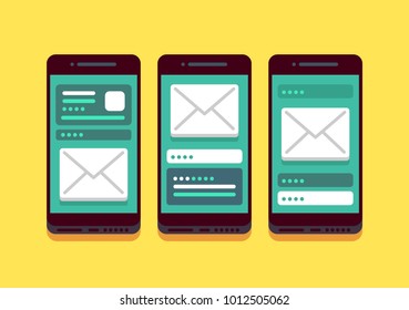 Three modern smartphones with interface and messages. Black phones, isolated, yellow background