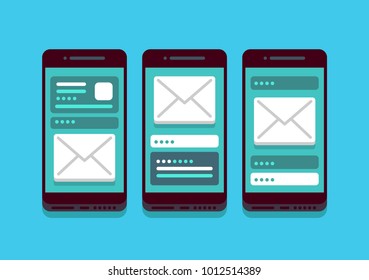 Three modern smartphones with interface and messages. Black phones, isolated, blue background