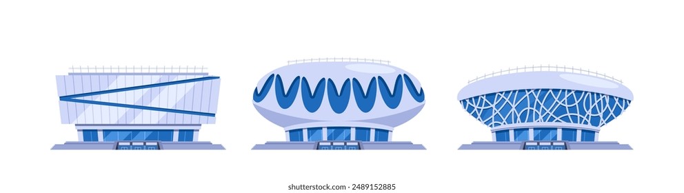 Three Modern Stadiums Feature Contemporary Architectural Styles. Cartoon Vector Illustrations For Sports Projects