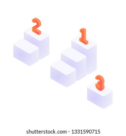 Three modern steps with letters isometric vector illustration. Each letter taking places. Isometric winning and success concept isolated on white