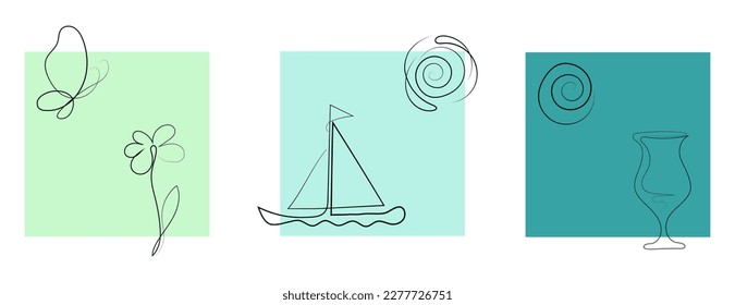Three modern style illustrations with summer symbols oneline contour on color square background. Vector isolated. Butterfly, flower, the sun, the moon, sailboat,wineglass.