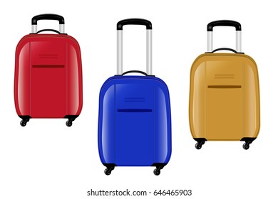Three modern suitcases on wheels. Red, blue and yellow. Vector illustration.