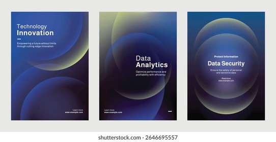 Three modern technology-themed posters with abstract blue gradient design. Set of poster templates in blue with digital technology and data security. Poster template vector set.