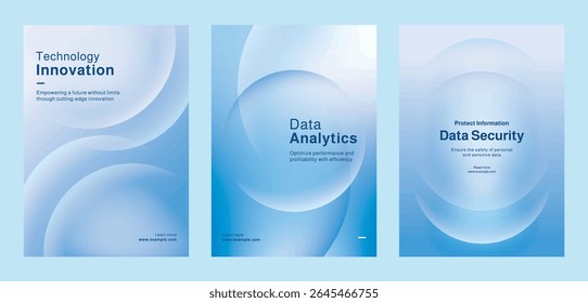 Tres afiches con temas de tecnología moderna, que muestran análisis de datos digitales e innovación. Conjunto de Plantillas de cartel en azul con tecnología digital y seguridad de datos. Conjunto de Vector de Plantilla de póster.