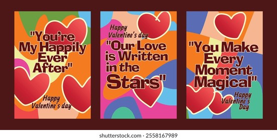 Three Modern Valentine Cards with Red Hearts and Artistic Themes. A set of Valentine’s Day greeting card with sample text, red hearts and abstract backgrounds templates vector illustration. 