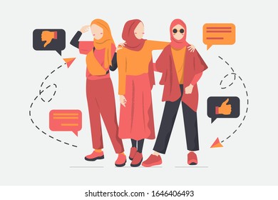 three modern young Muslim women wearing trendy clothes and hijab. Set of fashionable Arab girls. Collection of female characters isolated. Flat cartoon vector illustration with gradient color