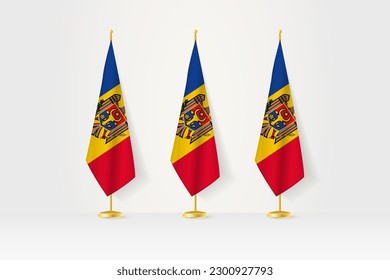Tres banderas de Moldavia en fila en un puesto dorado, ilustración de conferencia de prensa y otras reuniones. Ilustración vectorial.