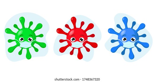 Three molecules of coronavirus in green, red and blue colors, dressed in masks on a background of blue spots