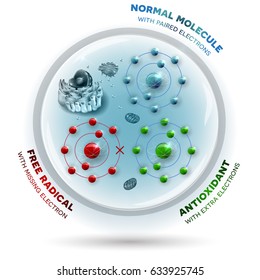 Three molecules inside the human cell: Free radical with missing electron, Normal stable molecule with paired electrons and Antioxidant with extra electrons which can be donated to free radical 