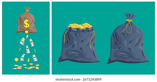 Tres variaciones de bolsas de dinero. Conjunto de ilustración de bolsa completa con monedas de oro, bolsa vacía y bolsa que pierde dinero en efectivo. Concepto financiero para ganar y perder dinero.