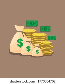 three money bags and three money coins with three money dollars