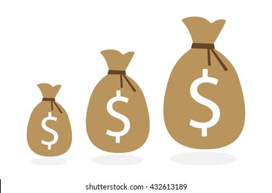 Three money bags on white background. Evolution of earning from small to big. Concept of investment and business.