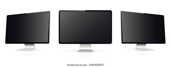 Three monitor with empty black display, realistic set device screen mockup