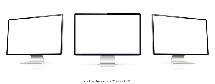 Three monitor with empty display, realistic set device screen mockup