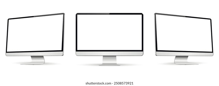 Three monitor with empty display, realistic set device screen mockup