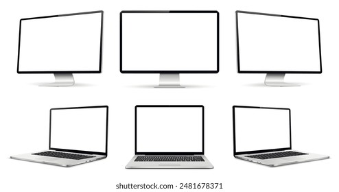 Tres monitores y tres computadoras portátiles con pantalla vacía, maqueta de pantalla de dispositivo de conjunto realista