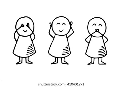 Three monkey. See no Evil, Hear no Evil, Speak no Evil.  Vector Illustration.