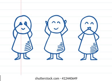Three monkey. See no Evil, Hear no Evil, Speak no Evil. Vector Illustration on striped paper.