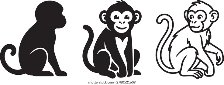 Three monkey silhouettes in different styles on a white background, animal icons