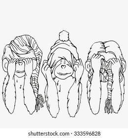 Three Monkeys. I do not see, not hear, not speak. The symbol of the year 2016. Set of vector sketches. Sketch by trace. For coloring book.