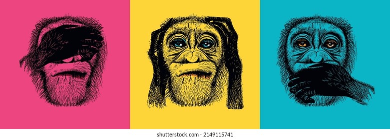 Three monkeys, I don't see anything, I don't hear anything, I won't say anything to anyone. Allegory of ignoring problems and dangers. Three monkeys on a colored background in the style of pop art