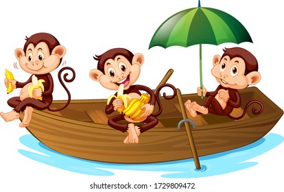 Three monkeys eating banana on the boat illustration