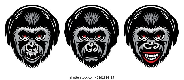 Three monkeys in headphones. Set of color vector illustrations. Template, element for design.