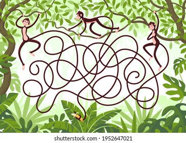 Three monkeys with long tails hang from vines in the jungle. Guess which monkey grabbed a banana with its tail? Children's puzzle with a labyrinth.