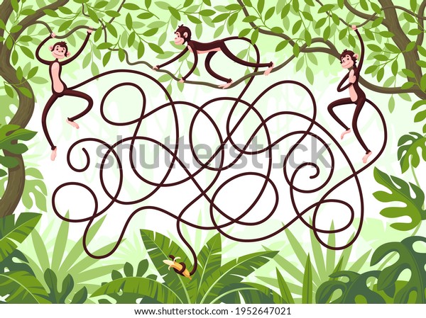 Three monkeys with long tails hang from vines\
in the jungle. Guess which monkey grabbed a banana with its tail?\
Children\'s puzzle with a\
labyrinth.