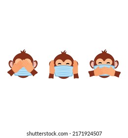 Three monkeys in medical masks. See mothing, hear nothing, say nothing, monkey pox pandemic
