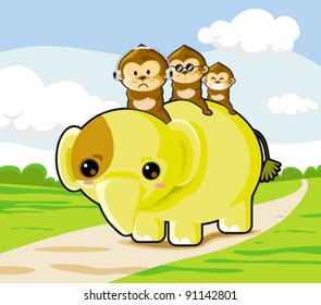 Three monkeys on the elephant.