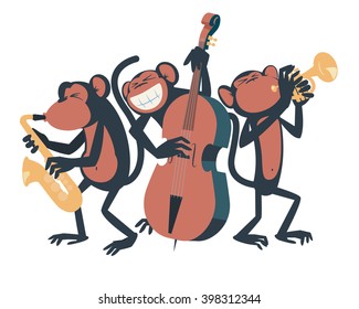 Three monkeys playing jazz. One of them plays the saxophone, the other one plays the contra bass and the third one plays the trumpet.