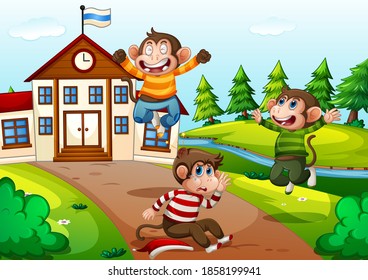 Three monkeys playing in the school scene illustration