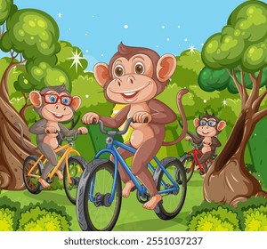Three monkeys riding bikes through a forest