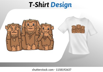 Three monkeys see no evil t-shirt print. Colorful mock up t-shirt design template. Vector template, isolated on white background.