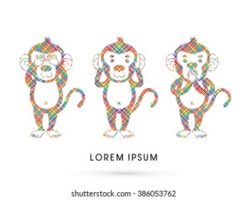 Three monkeys. SEE no evil, HEAR no evil, SPEAK no evil. Design using line colorful pixels graphic vector.