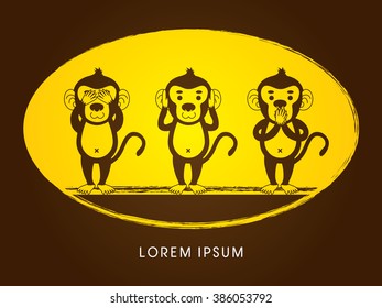 Three monkeys. SEE no evil, HEAR no evil, SPEAK no evil graphic vector.