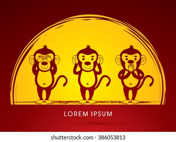 Three monkeys. SEE no evil, HEAR no evil, SPEAK no evil. Design on moonlight background graphic vector.