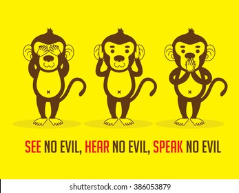 Three Monkeys. SEE No Evil, HEAR No Evil, SPEAK No Evil Graphic Vector.