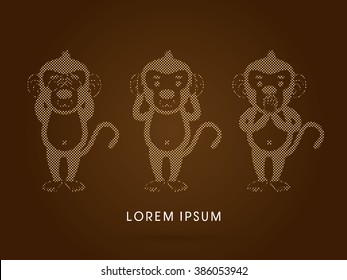 Three monkeys. SEE no evil, HEAR no evil, SPEAK no evil. Design using dots graphic vector.