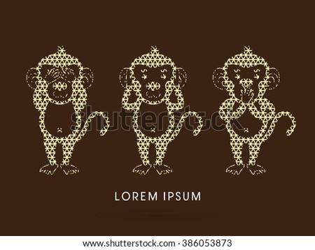 Three monkeys. SEE no evil, HEAR no evil, SPEAK no evil. Design using geometric pattern graphic vector.