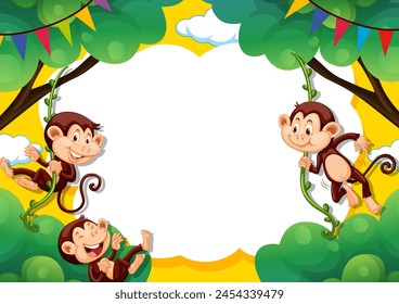 Three monkeys swinging and playing in a vibrant frame.